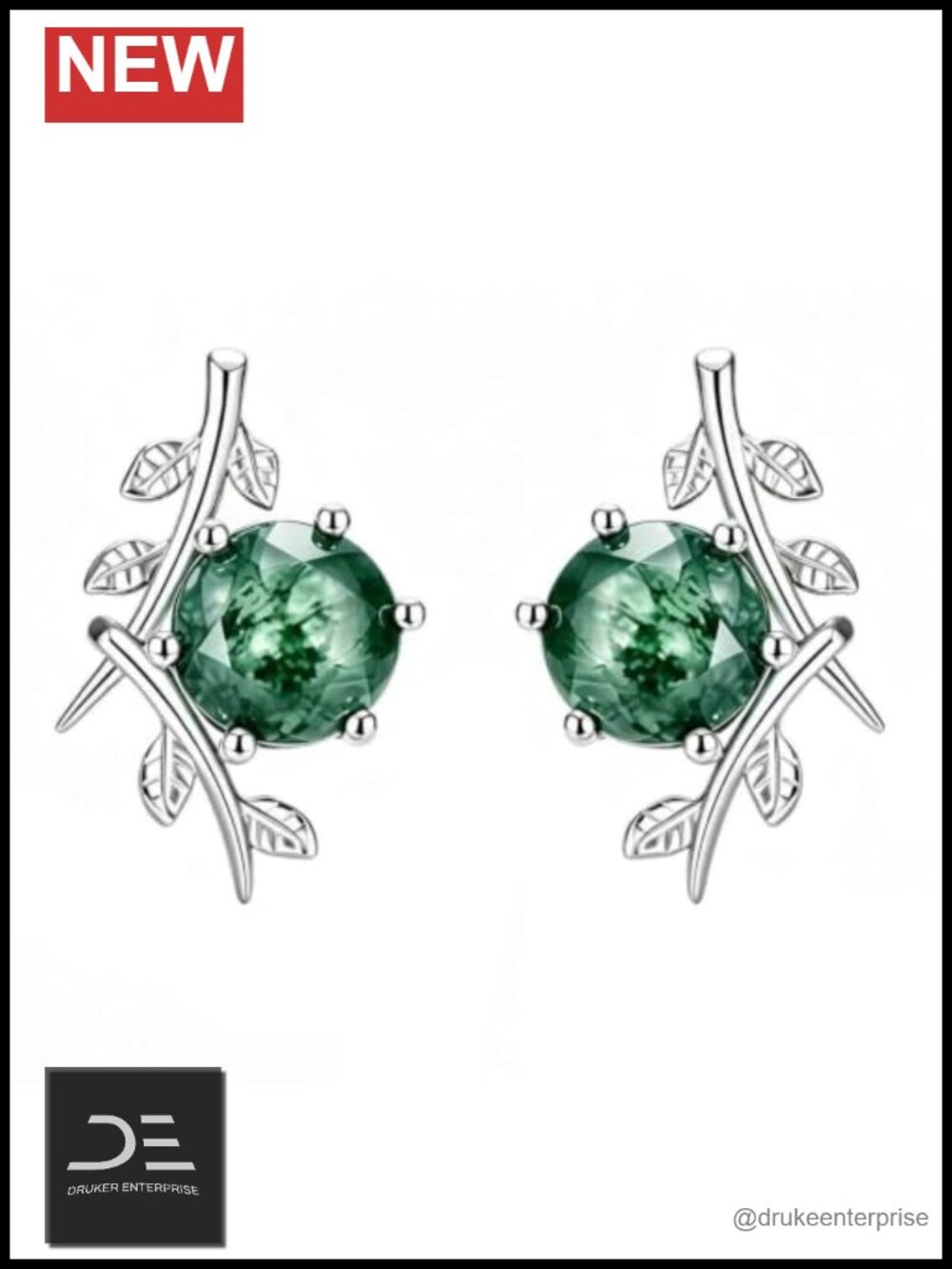 14K White Gold Moss Agate Stud Earrings Nature Inspired Branch Leaf